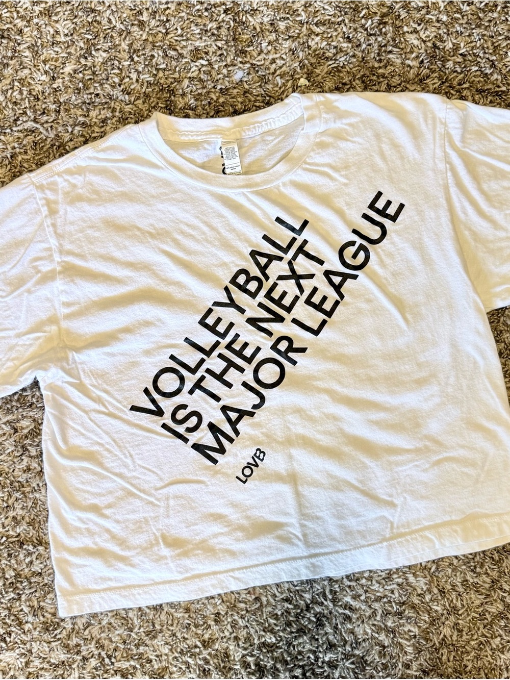 LOVB White Crop Tee with Volleyball Slogan